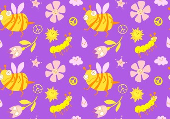 Cartoon summer print seamless bee and flower and sun and clouds and peace sign