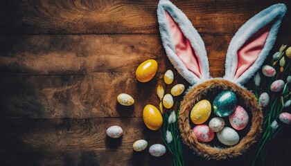 overhead view of cute easter bunny ears with easter eggs blank space for text - Powered by Adobe