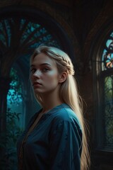 Lunar Bloom: Cinematic Portrait of a Beautiful Young Woman with Long Blonde Hair, Surrounded by Twilight Florals