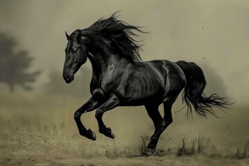 Majestic Black horse prancing. Handsome noble stallion with long mane galloping. Generate AI