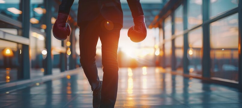 Office worker in boxing gloves, symbolizing corporate competition and fostering competitiveness
