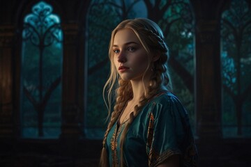 Fototapeta premium Lunar Bloom: Cinematic Portrait of a Beautiful Young Woman with Long Blonde Hair, Surrounded by Twilight Florals