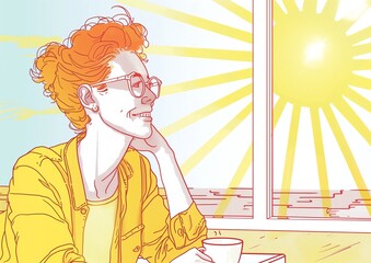 Relaxed Young Person Enjoying Sunny Morning Coffee in Vibrant Illustration