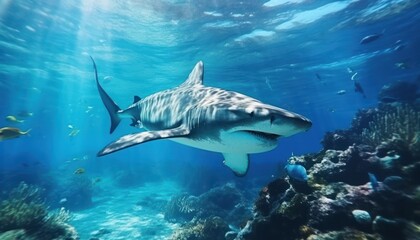Naklejka premium Great White Shark in the ocean, portrait of White shark hunting prey in the underwater