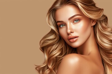 Blonde woman with beautiful wavy hair on soft pastel background, perfect for creative text placement