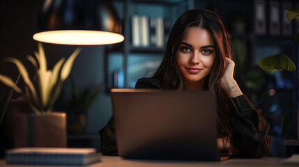 Cute woman working on a laptop in a office
