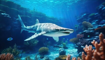 Great White Shark in the ocean, portrait of White shark hunting prey in the underwater