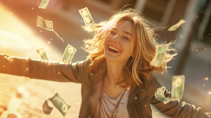 Happy young woman throwing out dollar notes