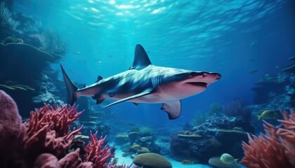 Fototapeta premium Great White Shark in the ocean, portrait of White shark hunting prey in the underwater
