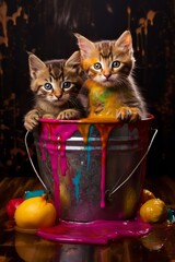 Two Kittens and a Paint-Splattered Bucket
