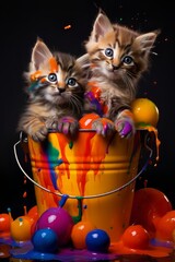 Two adorable kittens in a colorful bucket,dripping paint, dark amber