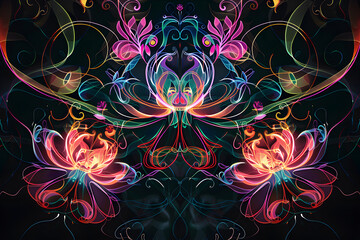 Fluorescent neon lines intertwining with intricate floral designs. Unique artwork on black background.