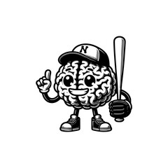 mascot brain playing baseball with batting stick in hand vector illustration