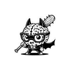 mascot brain playing baseball with batting stick in hand vector illustration