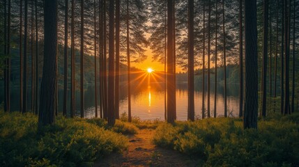 Sun Setting in Middle of Forest