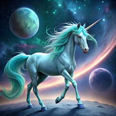 a unicorn with a long blue mane and tail is standing on a planet in space