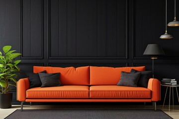 Elegant Black wall orange sofa decor. Room living. Generate Ai