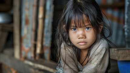 A poignant image emerges of a young girl from Thailand consumed by deep contemplation amidst the challenges of poverty illustrating the plight of underprivileged children