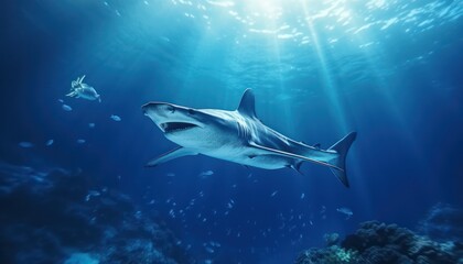 Great White Shark in the ocean, portrait of White shark hunting prey in the underwater