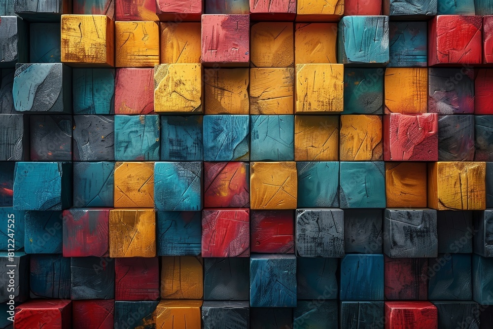 Poster this image features 3d blocks with a heavily textured surface in a dark color scheme creating a mood