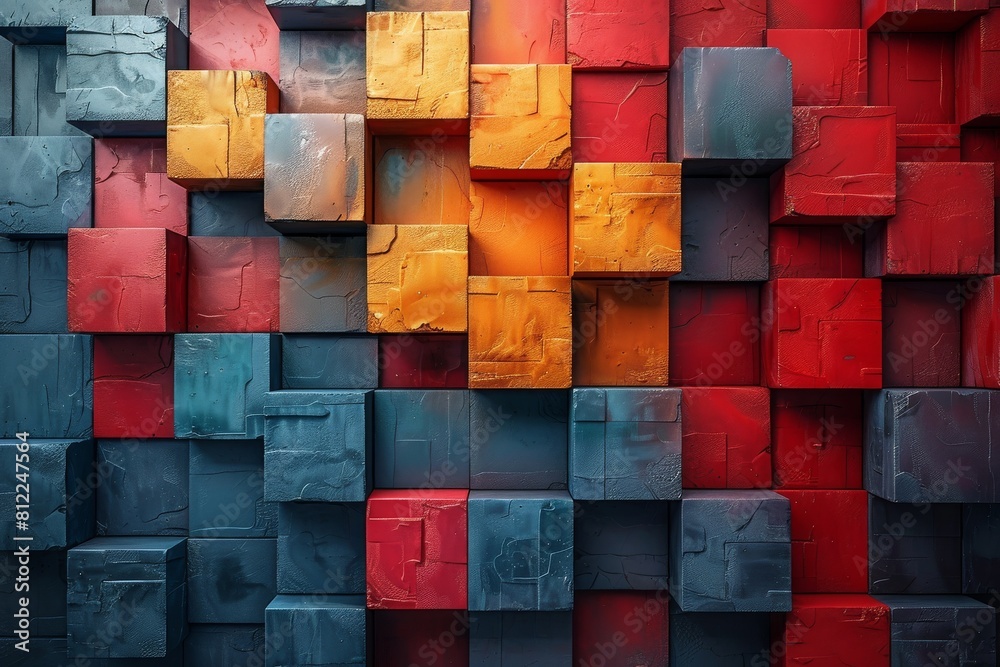 Poster striking image of a 3d render with an arrangement of red and blue blocks creating a sense of movemen