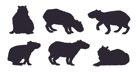 Capybara silhouette set. Cute mammal hydrochoerus, semi-aquatic capybaras wild animals stencil flat vector illustration set. Capybara silhouette collection