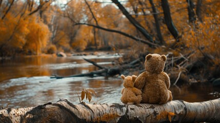 A solitary brown teddy bear embraces a soft toy bunny while perched on a fallen birch tree by a peaceful river on a crisp autumn day seen from behind