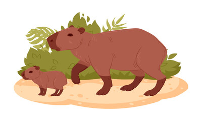 Cartoon capybara with baby. Capybara mom and cute little baby, wild herbivore mammals in natural habitat flat vector illustration. Semi-aquatic animals