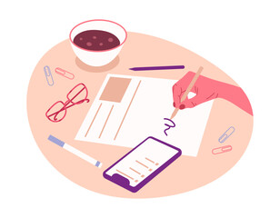 Hand writing. Human hand filling diary, weekly planner or to do list, person signing and taking notes flat vector illustration. Paperwork concept