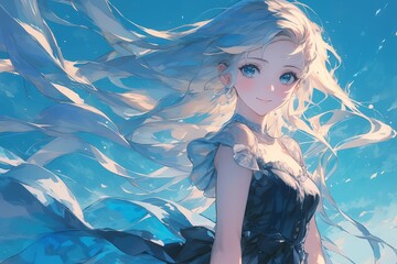 beautiful anime girl with long hair in a dress, the wind blowing her hair, in the anime style