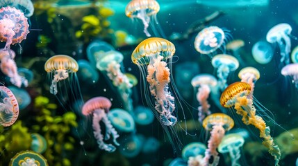 Beautiful jellyfish swimming in the water. Jellyfish in the aquarium.