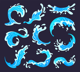 Water splashing. Clean water splash, transparent blue aqua splashes, water flows and waves flat vector illustration set. Liquid water splash collection