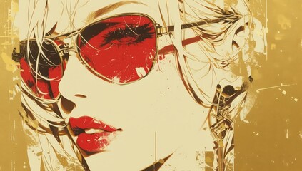 Beautiful woman with sunglasses and red lipstick, gangster theme, paint splatter, in golden tones