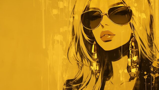 Beautiful woman with sunglasses and red lipstick, gangster theme, paint splatter, in golden tones 