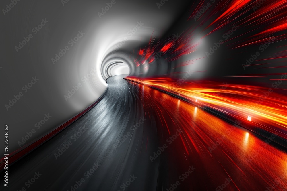 Poster this image depicts an abstract scene where a tunnel is illuminated by dynamic red streaks of light, 
