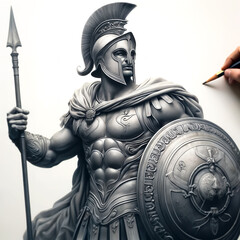 Obraz premium An artist's rendition of a helmeted warrior god holding a spear and shield, showing intricate armor details and a stern expression