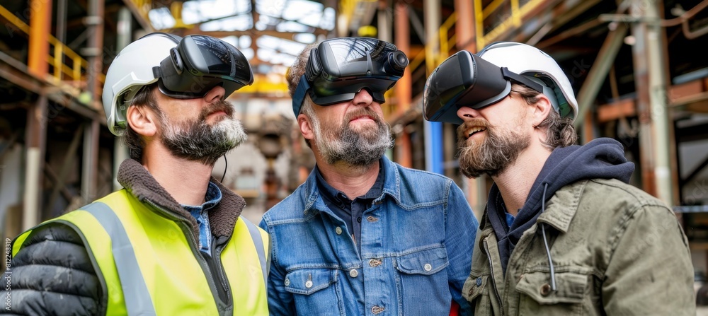 Poster engineers using augmented reality glasses for collaborative design project in close up view