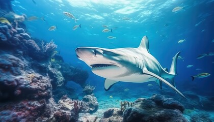 Fototapeta premium Great White Shark in the ocean, portrait of White shark hunting prey in the underwater