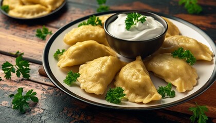 golden pierogi dumplings on plate with sour cream and parsley