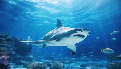 Fototapeta premium Great White Shark in the ocean, portrait of White shark hunting prey in the underwater