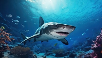 Fototapeta premium Great White Shark in the ocean, portrait of White shark hunting prey in the underwater