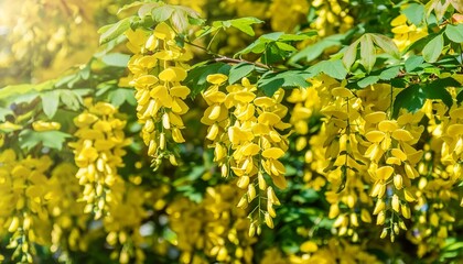 close up of a blooming branch of yellow flowers of golden chain tree botanically known as laburnum