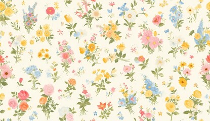 Cute Floral Pattern, White Background with Colorful Flowers and Leaves