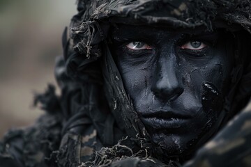 Diligent Black soldier. Person face army. Generate Ai