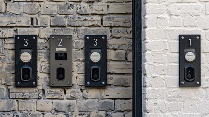Three intercom on white textured brick wall, Close up. Apartment numbers and push button door buzzer.