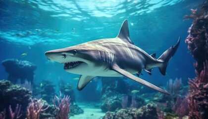 Fototapeta premium Great White Shark in the ocean, portrait of White shark hunting prey in the underwater