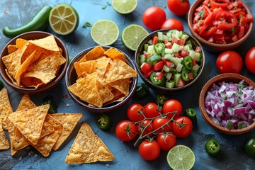 Variety of fresh ingredients including limes, tomatoes, and salsa for homemade nacho preparation