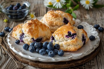 Blueberry scones on rustic wooden serving board