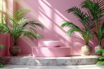 Obraz premium This warm-hued image features a cosmetic jar surrounded by luscious tropical plants bathed in sunlight