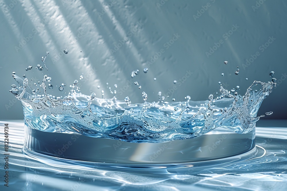 Poster high-resolution image depicting a dynamic splash of water on a circular platform, illuminated by sun